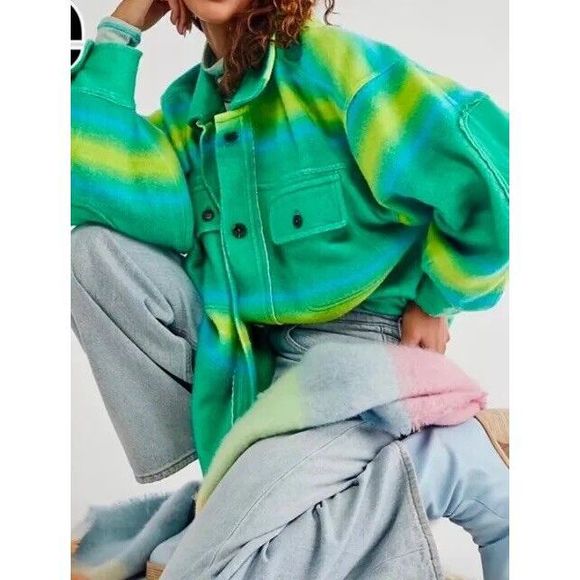 Free People Ruby West Coast Jacket Ombre Stripe Brushed Thermal Lime Green sz L - Picture 2 of 6